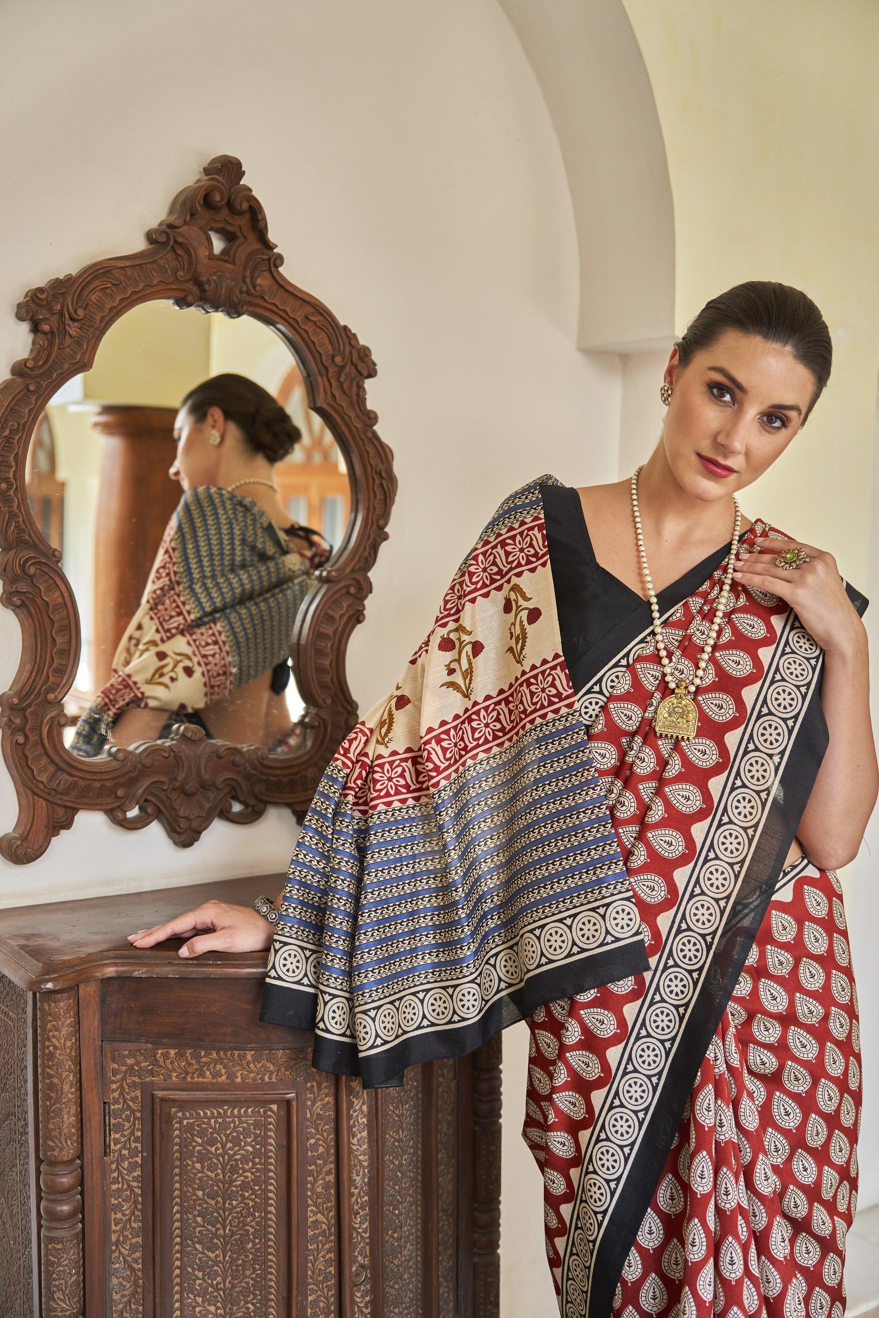 WOMANIYA Women's Hand Batiq Printed Uniform Cotton Saree - Apple Lifestyle