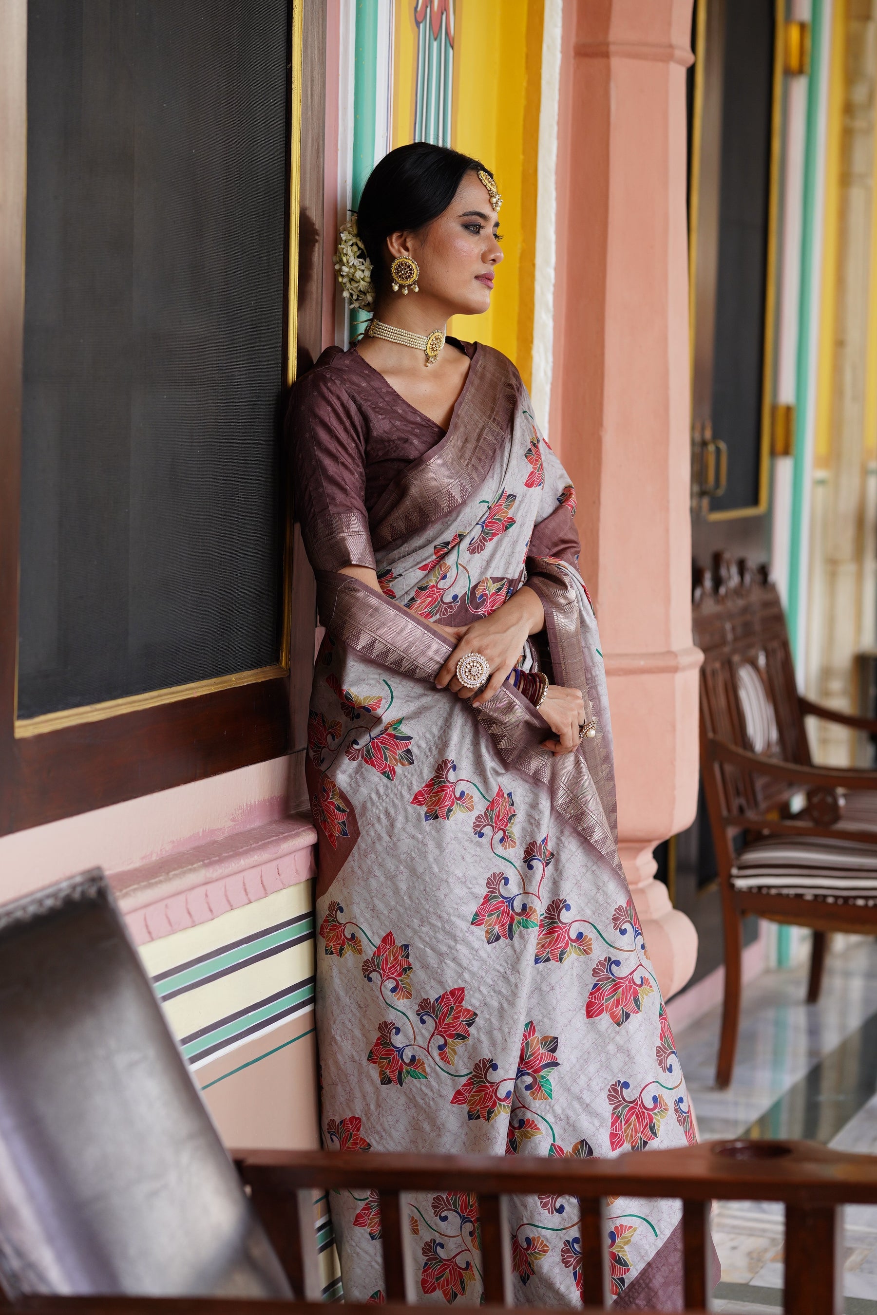 RAJGHARANA Floral Printed Handloom Raw Silk printed brown Jari Border Contrast Pallu saree