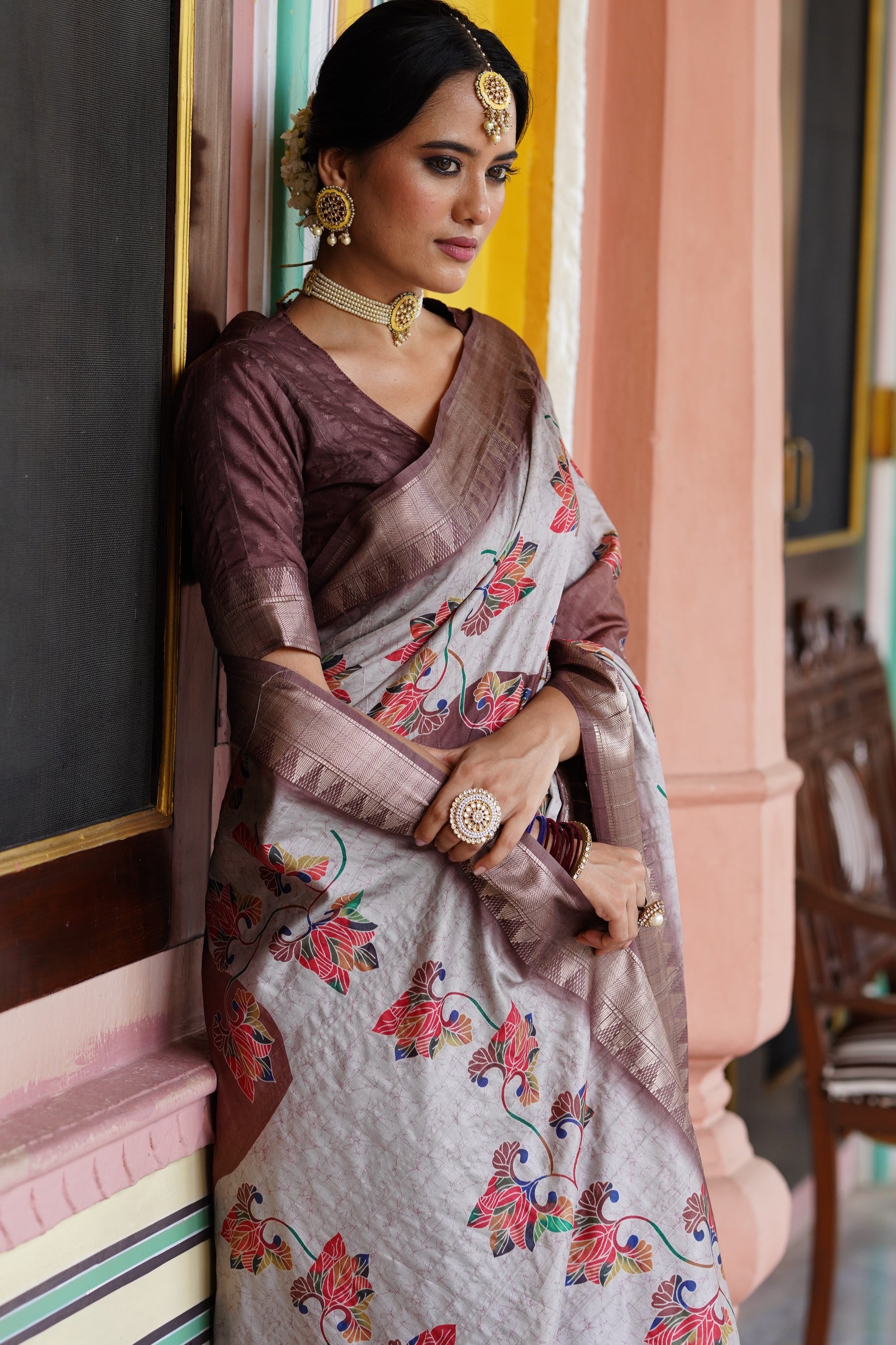 RAJGHARANA Floral Printed Handloom Raw Silk printed brown Jari Border Contrast Pallu saree