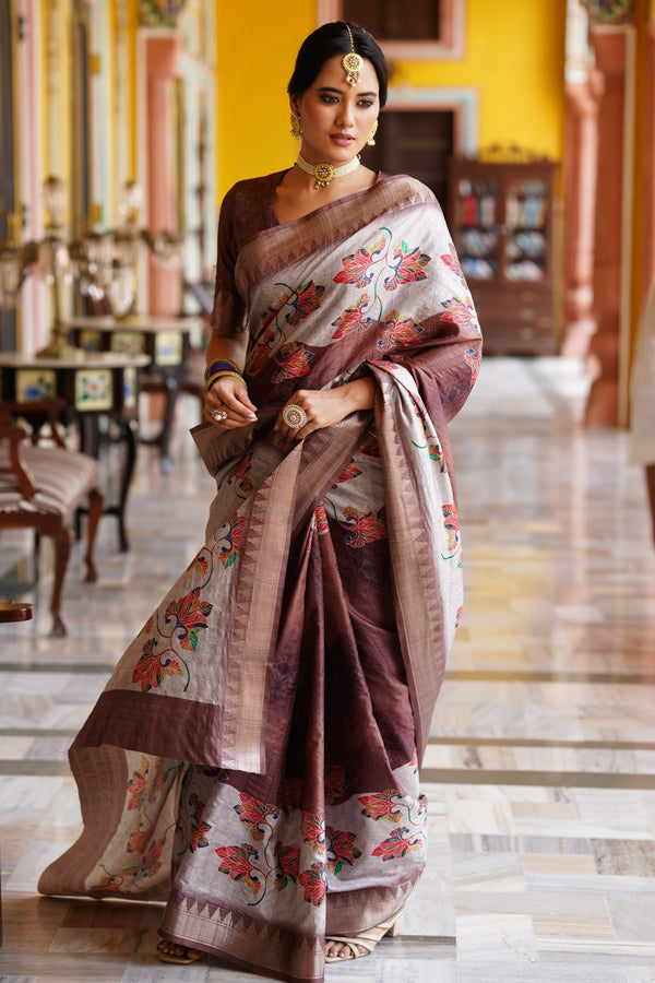 RAJGHARANA Floral Printed Handloom Raw Silk printed brown Jari Border Contrast Pallu saree