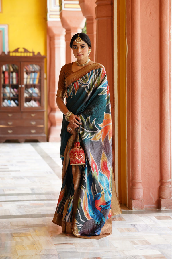 RAJGHARANA Women's Digital Printed Woven border Handloom Silk Saree