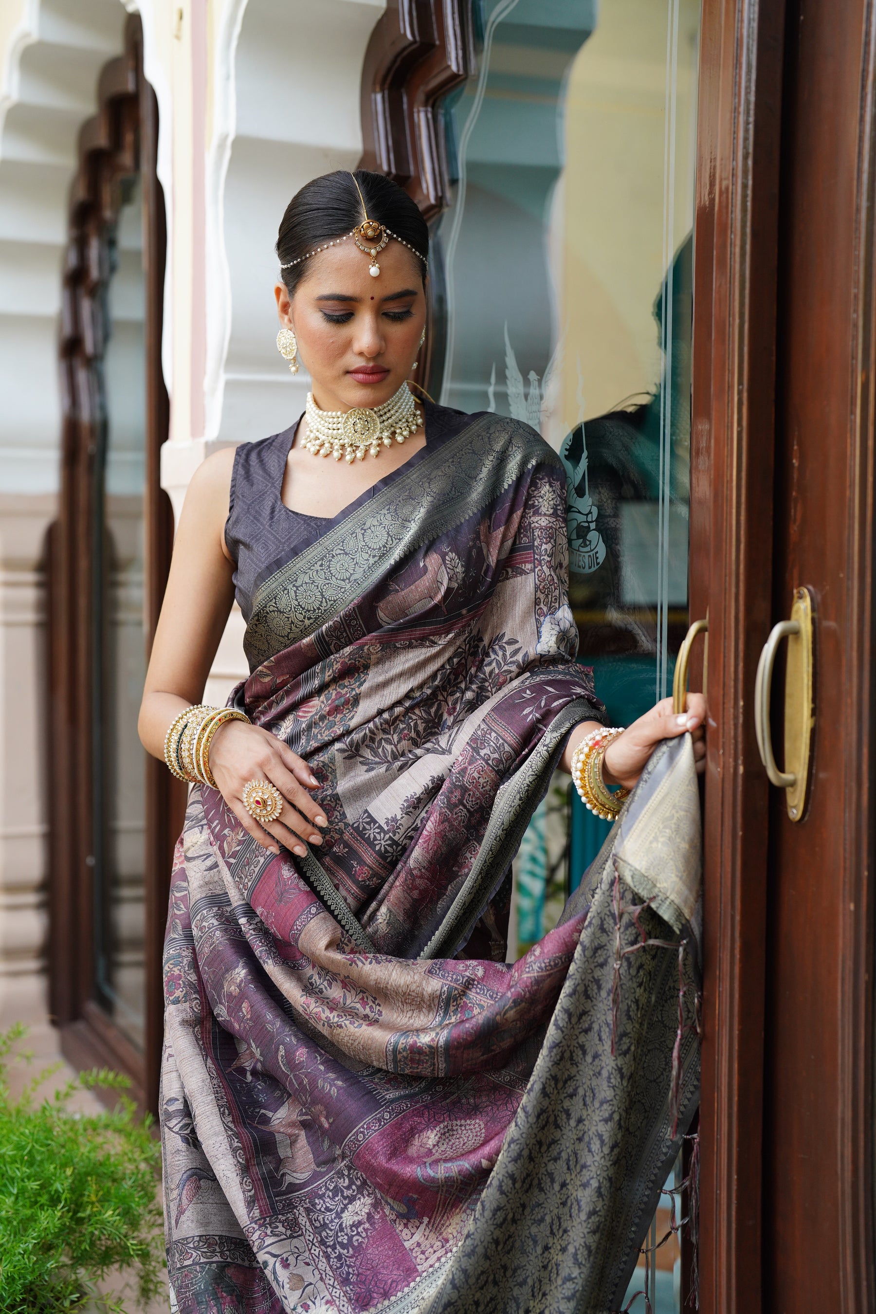 Pratiksha Women's Kalamkari Silk Kotha zari rich pallu digital Printed Saree