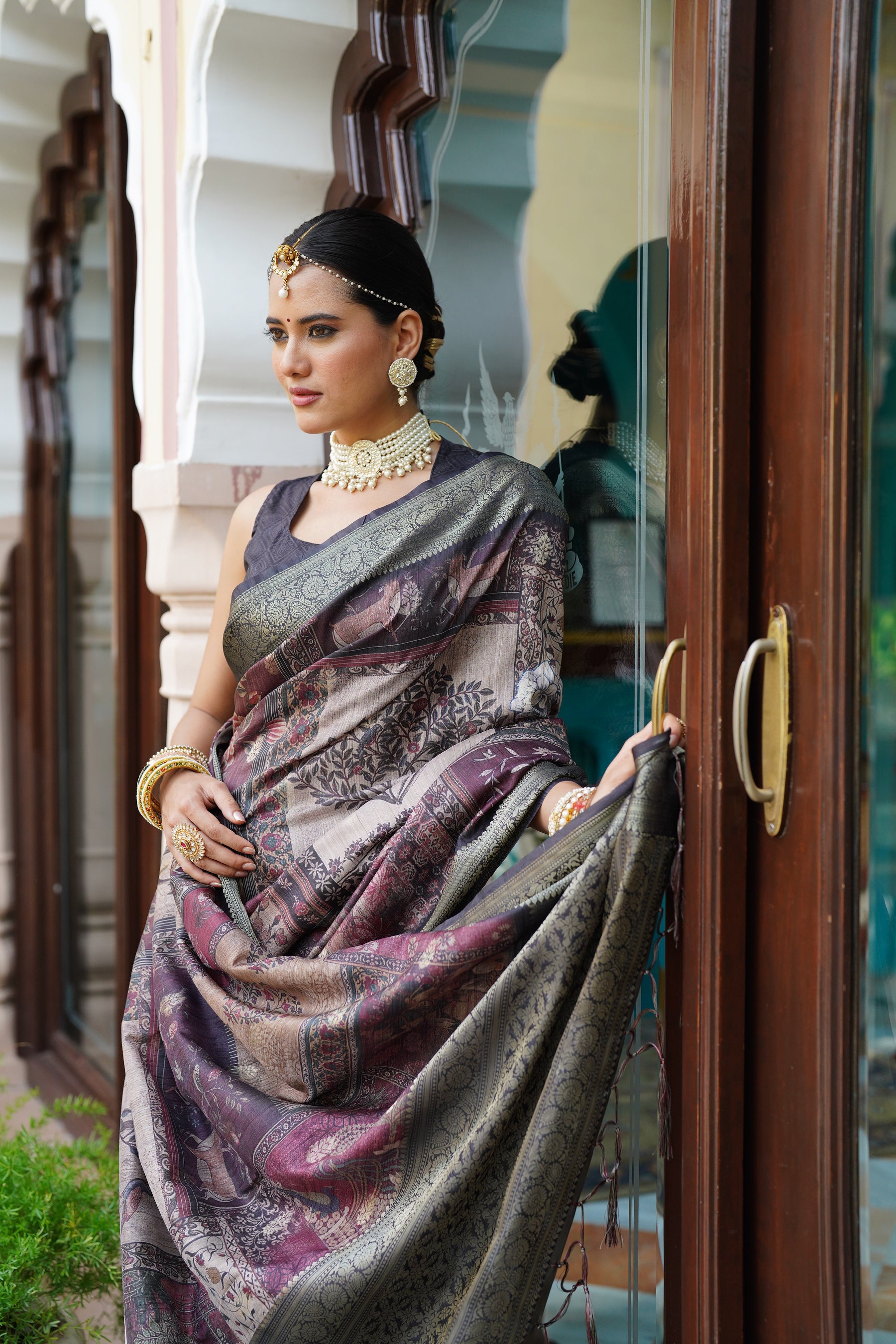 Pratiksha Women's Kalamkari Silk Kotha zari rich pallu digital Printed Saree