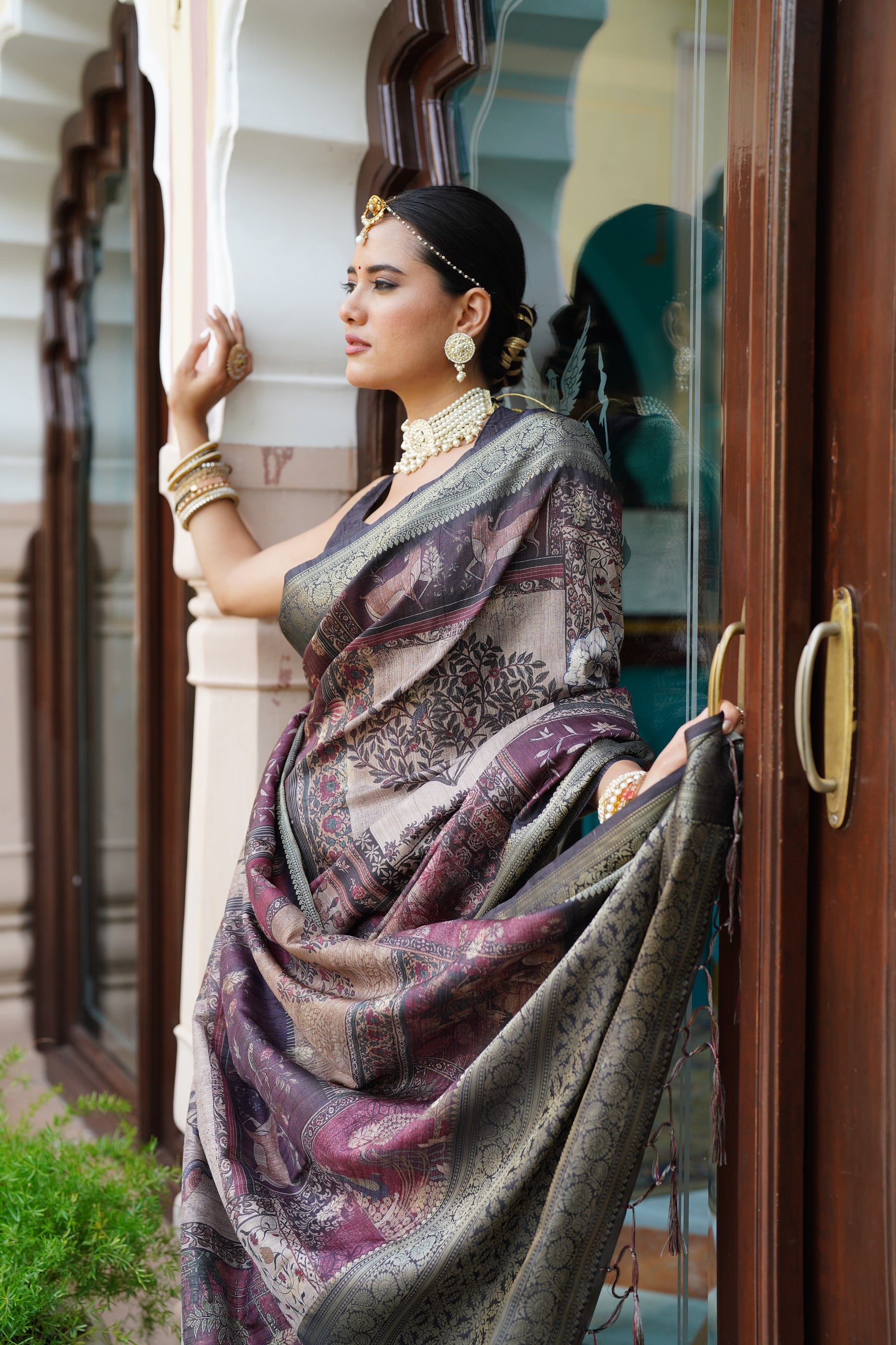 Pratiksha Women's Kalamkari Silk Kotha zari rich pallu digital Printed Saree