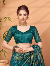 TARANG-Royal Teal Tribal Print Silk Blend Saree with Golden Foil Work