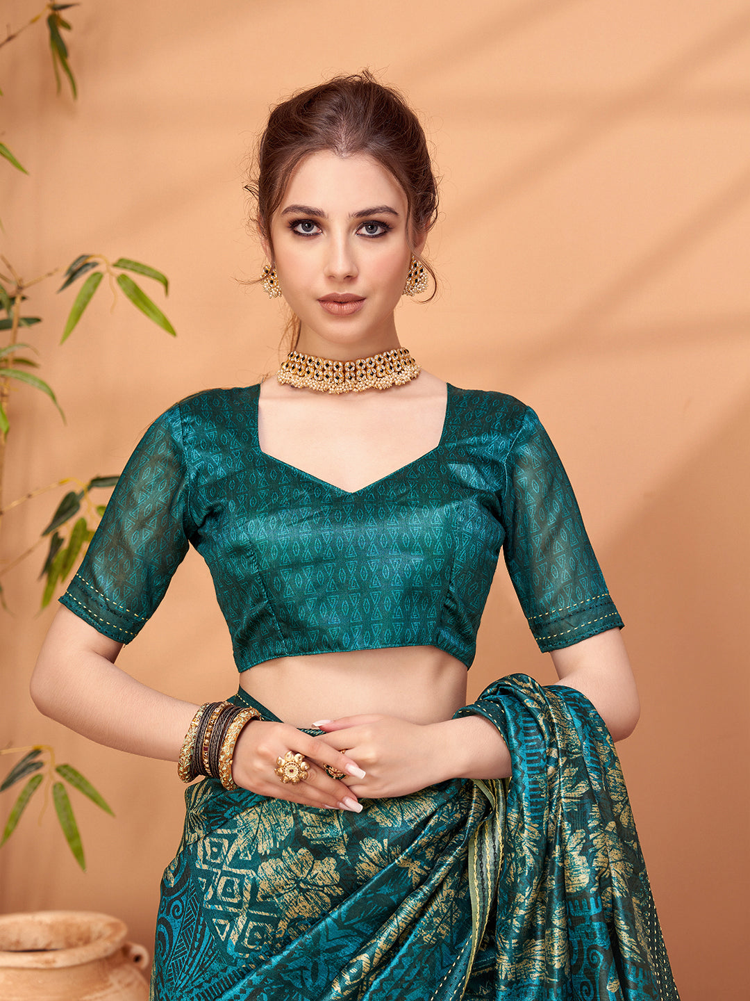 TARANG-Royal Teal Tribal Print Silk Blend Saree with Golden Foil Work