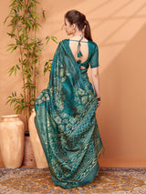 TARANG-Royal Teal Tribal Print Silk Blend Saree with Golden Foil Work