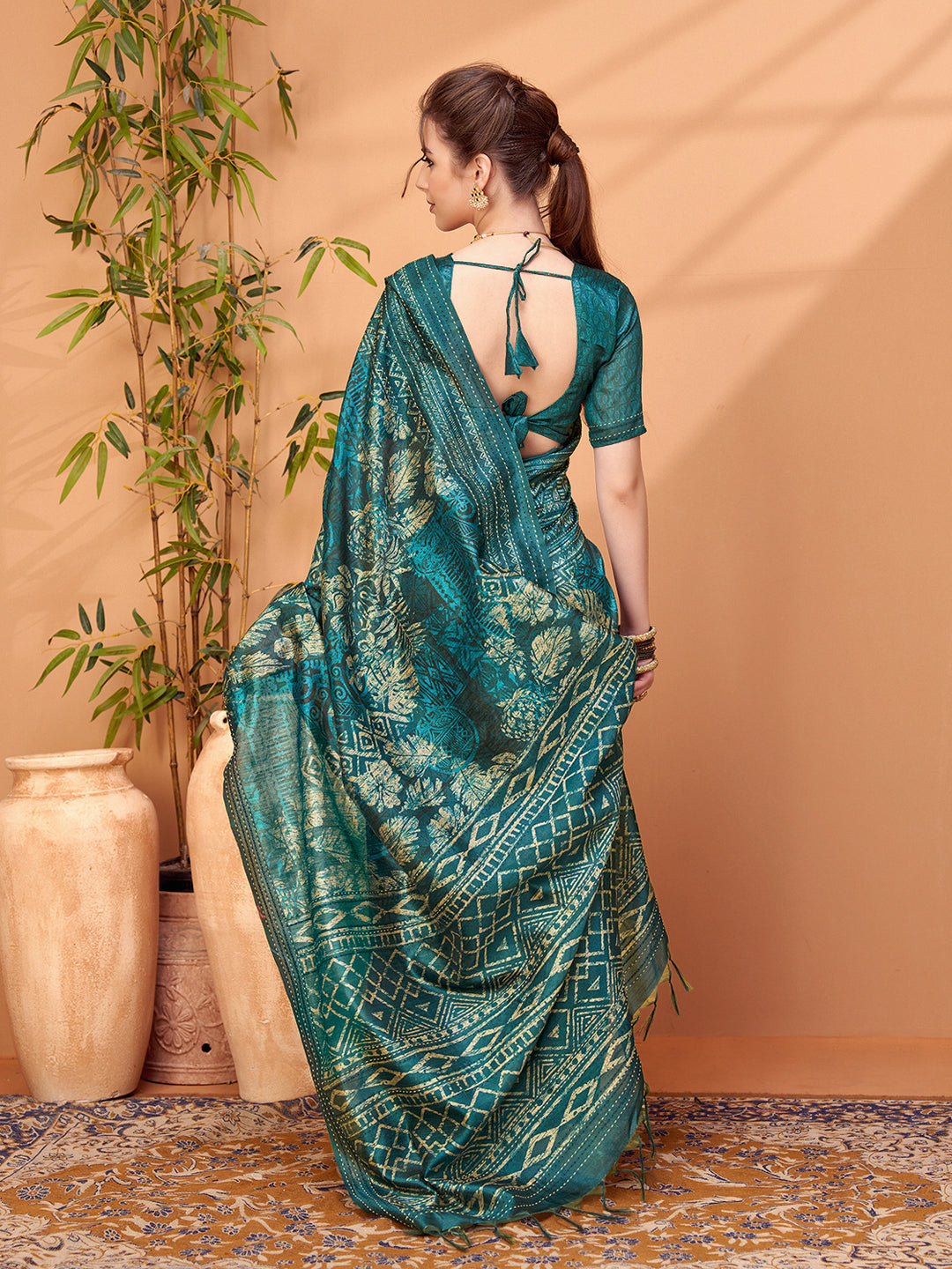 TARANG-Royal Teal Tribal Print Silk Blend Saree with Golden Foil Work