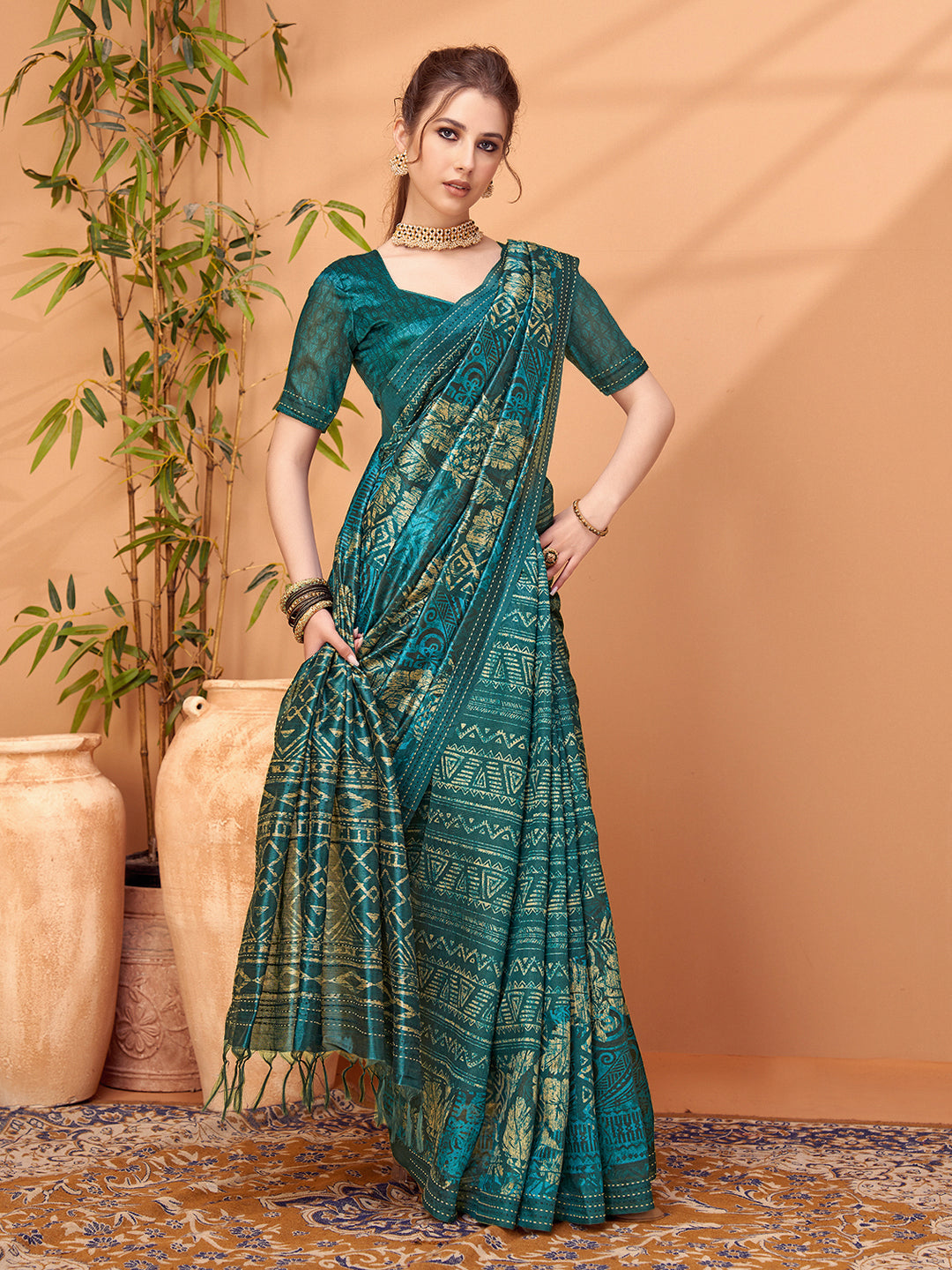 TARANG-Royal Teal Tribal Print Silk Blend Saree with Golden Foil Work