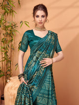 TARANG-Royal Teal Tribal Print Silk Blend Saree with Golden Foil Work