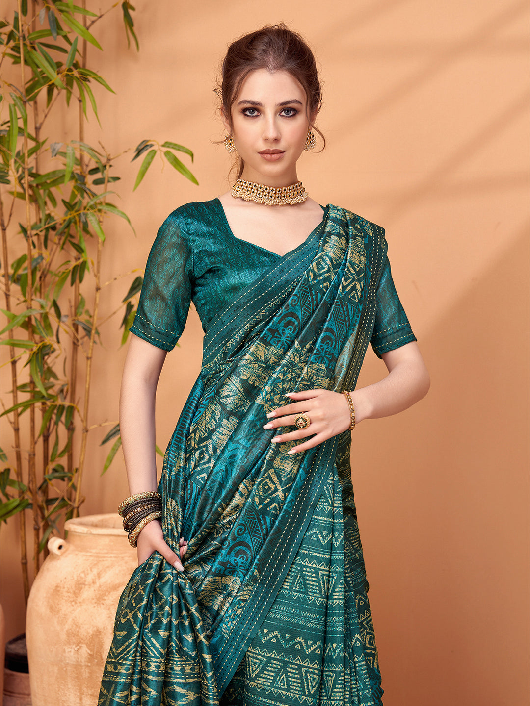 TARANG-Royal Teal Tribal Print Silk Blend Saree with Golden Foil Work
