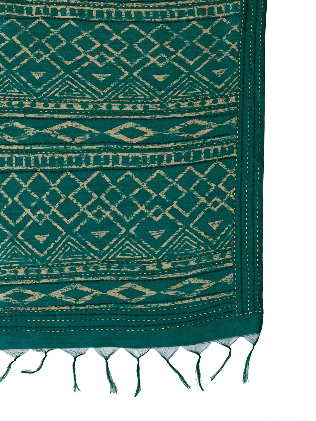 TARANG-Royal Teal Tribal Print Silk Blend Saree with Golden Foil Work