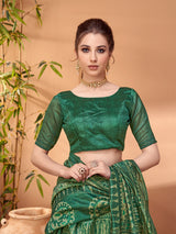 TARANG-Emerald Green Ethnic Foil Print Silk Blend Saree with Traditional Motifs