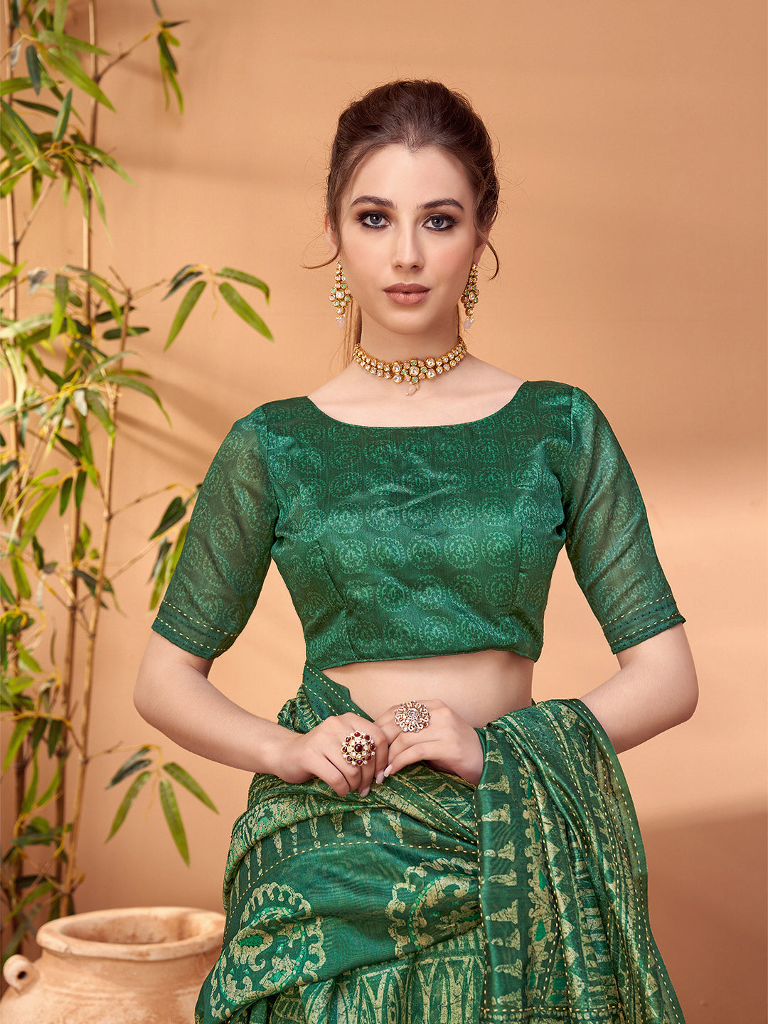 TARANG-Emerald Green Ethnic Foil Print Silk Blend Saree with Traditional Motifs