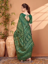 TARANG-Emerald Green Ethnic Foil Print Silk Blend Saree with Traditional Motifs