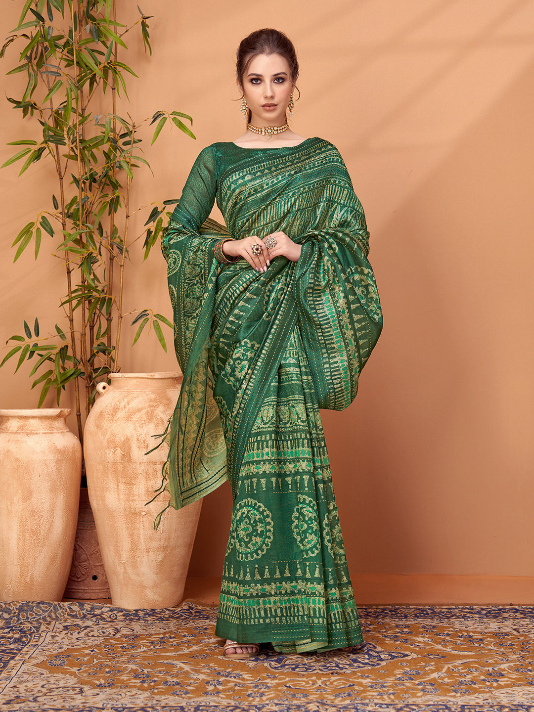 TARANG-Emerald Green Ethnic Foil Print Silk Blend Saree with Traditional Motifs