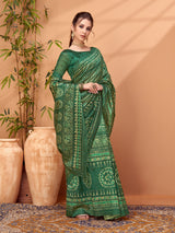 TARANG-Emerald Green Ethnic Foil Print Silk Blend Saree with Traditional Motifs