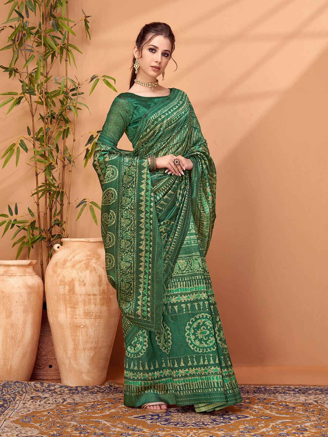 TARANG-Emerald Green Ethnic Foil Print Silk Blend Saree with Traditional Motifs
