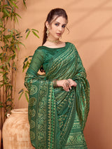 TARANG-Emerald Green Ethnic Foil Print Silk Blend Saree with Traditional Motifs