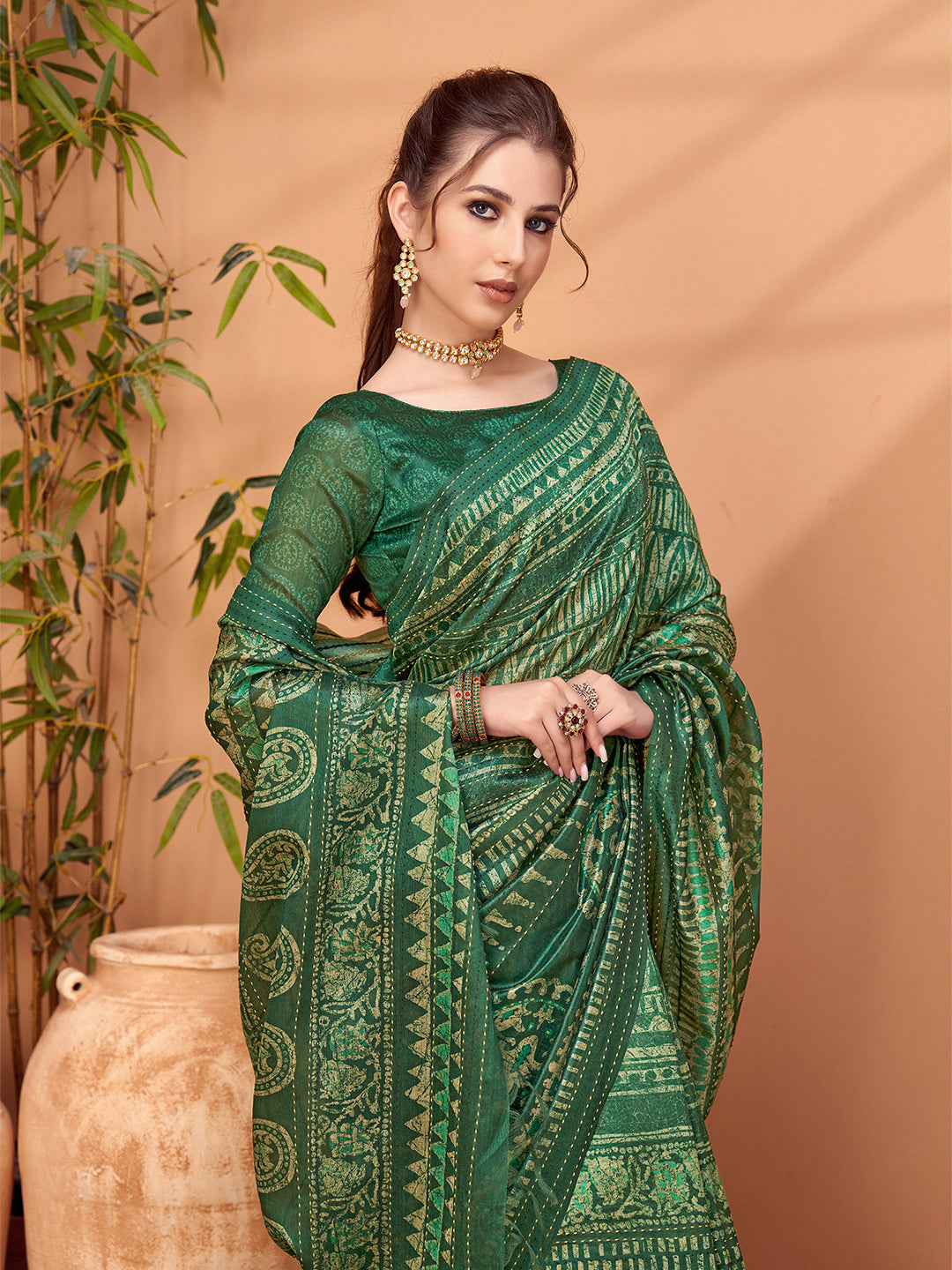 TARANG-Emerald Green Ethnic Foil Print Silk Blend Saree with Traditional Motifs