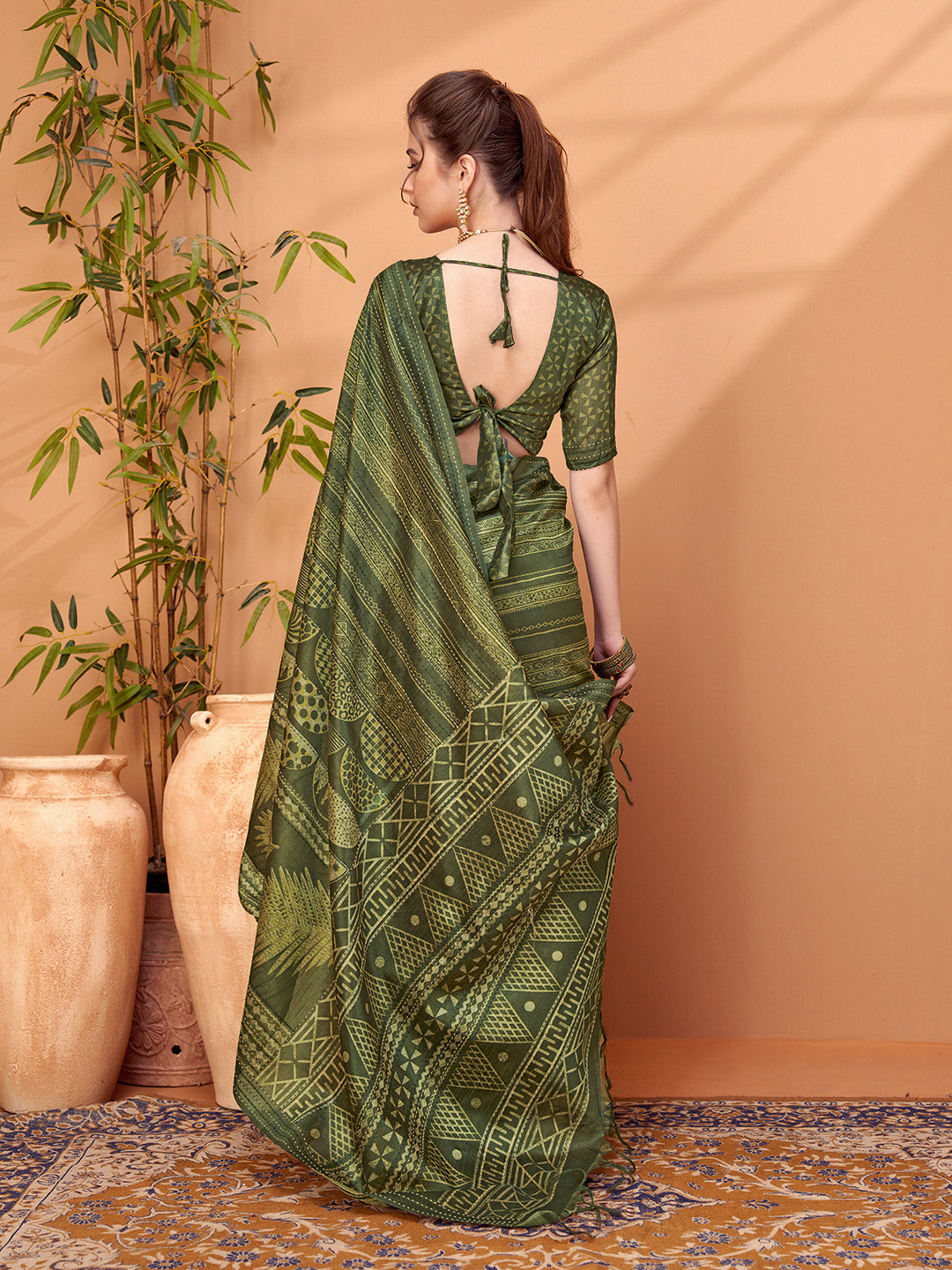 TARANG-Elegant olive green saree with rich ethnic-inspired geometric prints