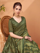 TARANG-Elegant olive green saree with rich ethnic-inspired geometric prints