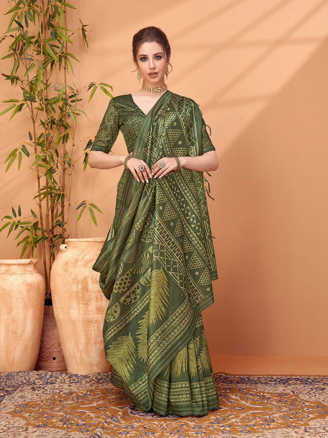 TARANG-Elegant olive green saree with rich ethnic-inspired geometric prints