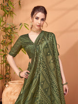 TARANG-Elegant olive green saree with rich ethnic-inspired geometric prints
