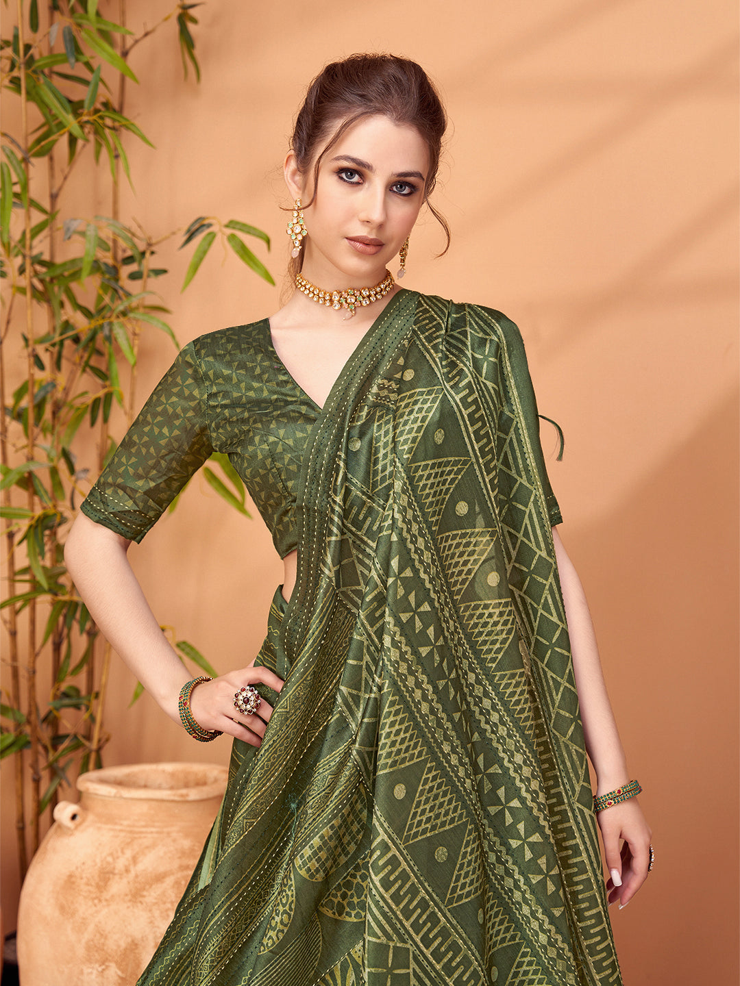 TARANG-Elegant olive green saree with rich ethnic-inspired geometric prints