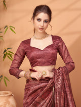 TARANG-Rustic Maroon Tribal Print Designer Saree with Ethnic Woven Pallu