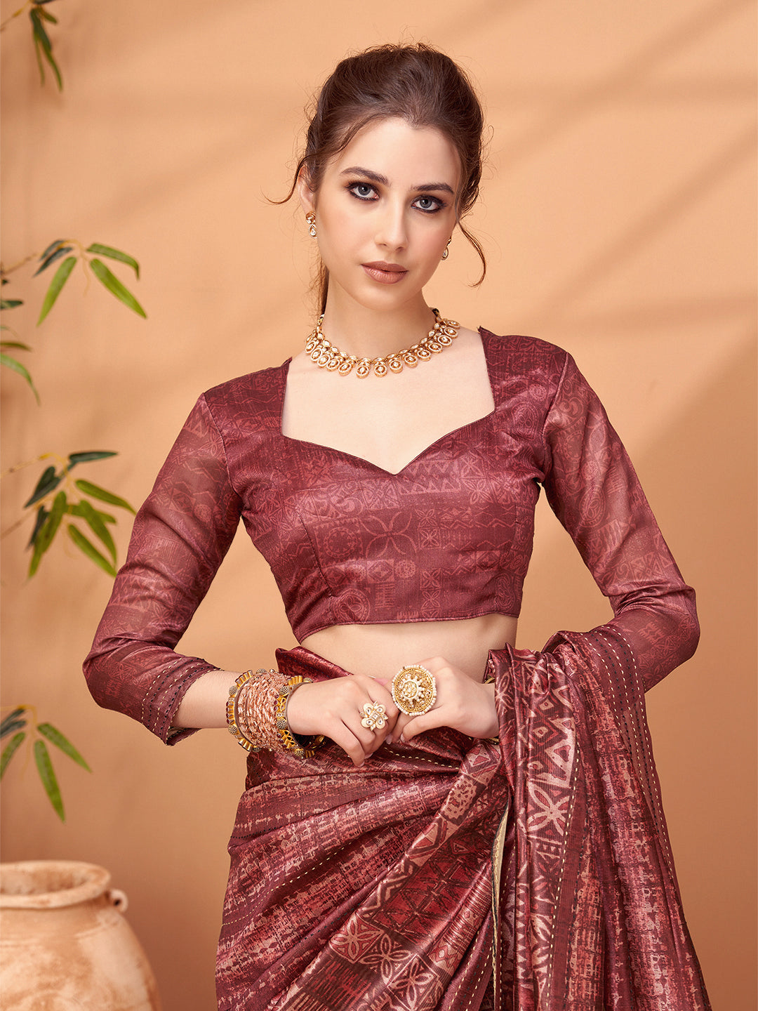 TARANG-Rustic Maroon Tribal Print Designer Saree with Ethnic Woven Pallu