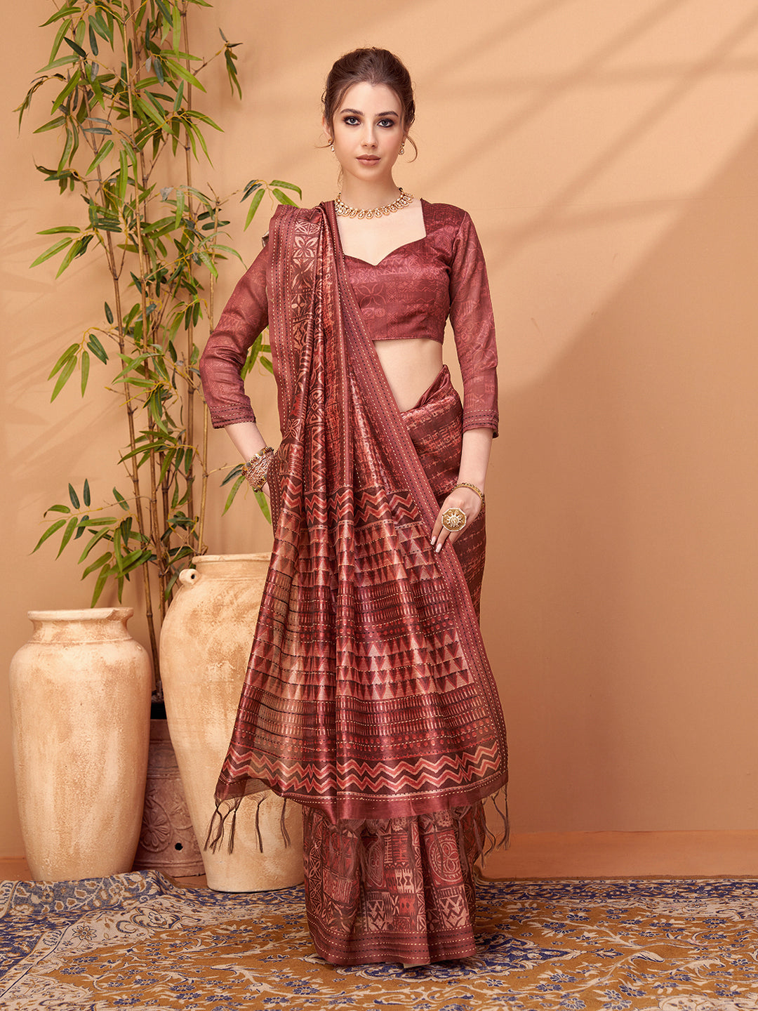 TARANG-Rustic Maroon Tribal Print Designer Saree with Ethnic Woven Pallu
