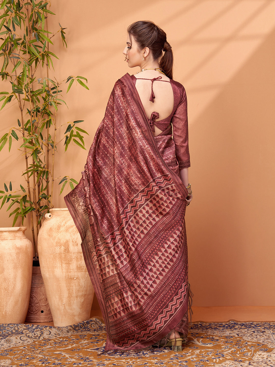 TARANG-Rustic Maroon Tribal Print Designer Saree with Ethnic Woven Pallu