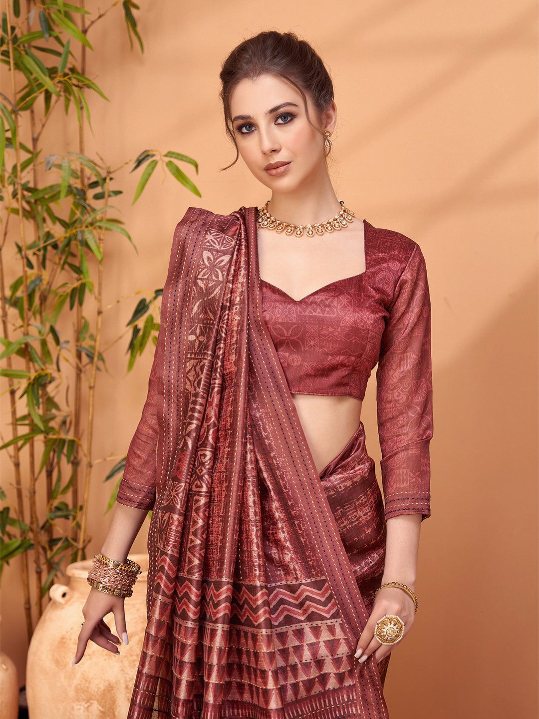TARANG-Rustic Maroon Tribal Print Designer Saree with Ethnic Woven Pallu