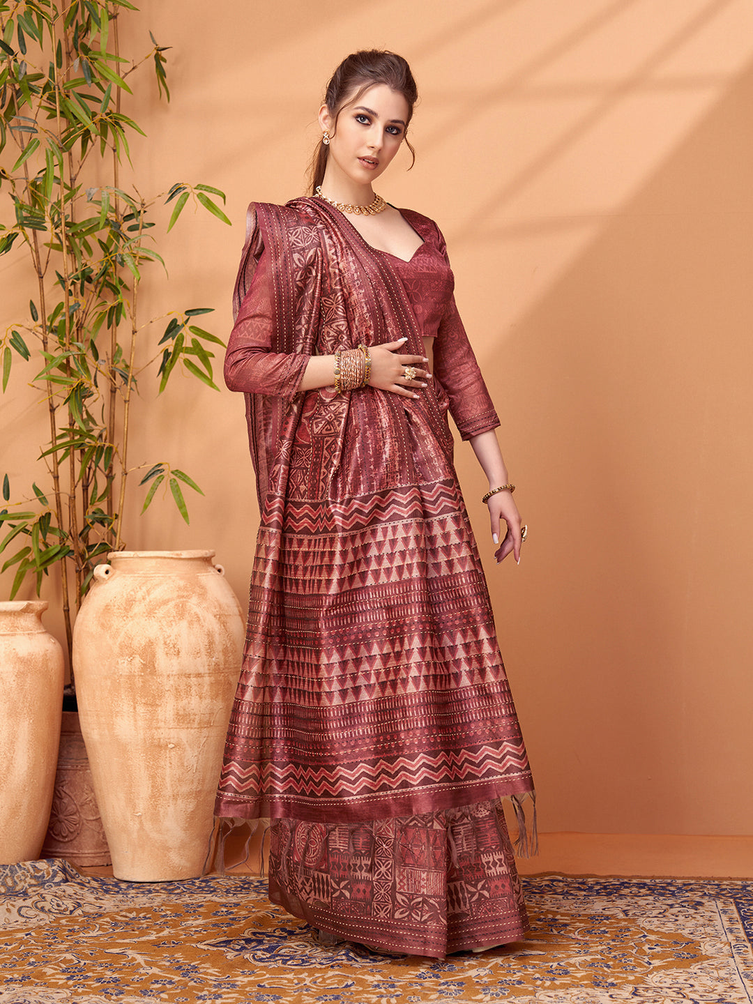 TARANG-Rustic Maroon Tribal Print Designer Saree with Ethnic Woven Pallu