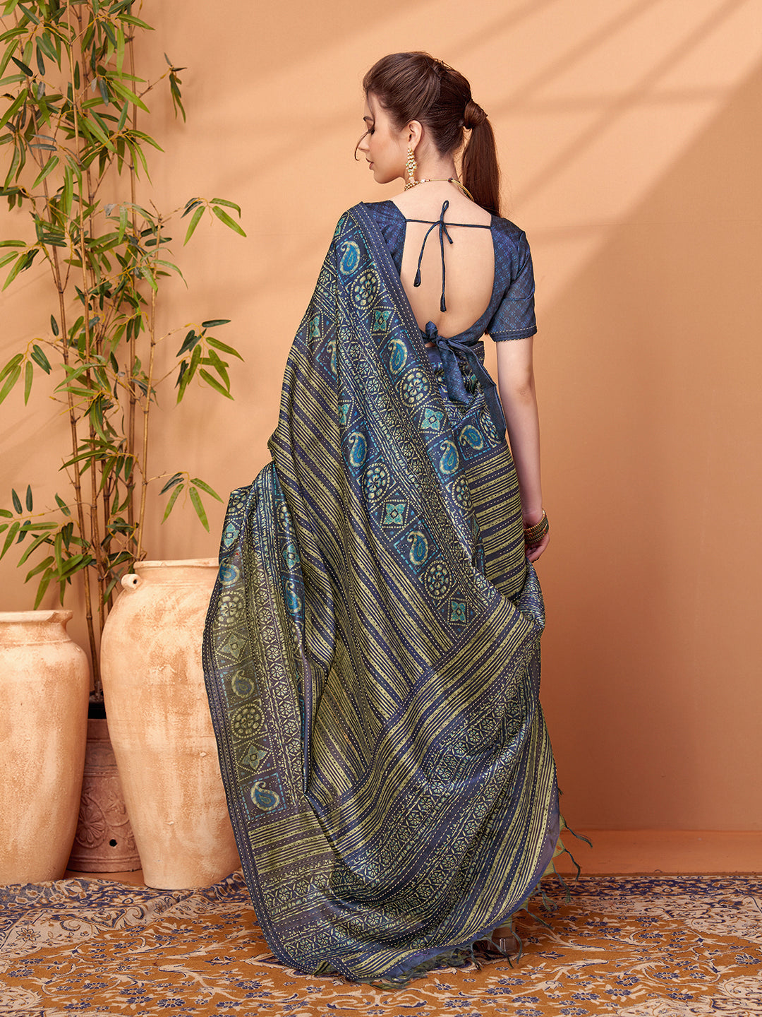 TARANG-Royal Navy Blue Ethnic Printed Saree with Paisley Designer Pallu