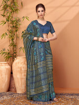 TARANG-Royal Navy Blue Ethnic Printed Saree with Paisley Designer Pallu