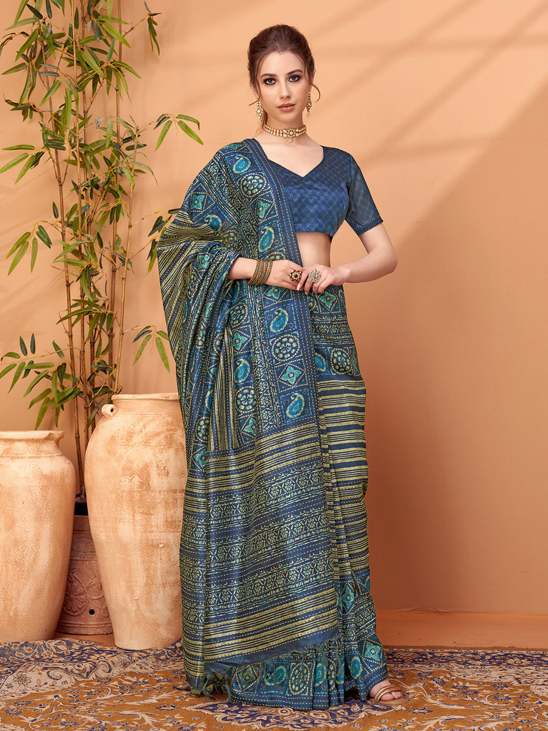 TARANG-Royal Navy Blue Ethnic Printed Saree with Paisley Designer Pallu