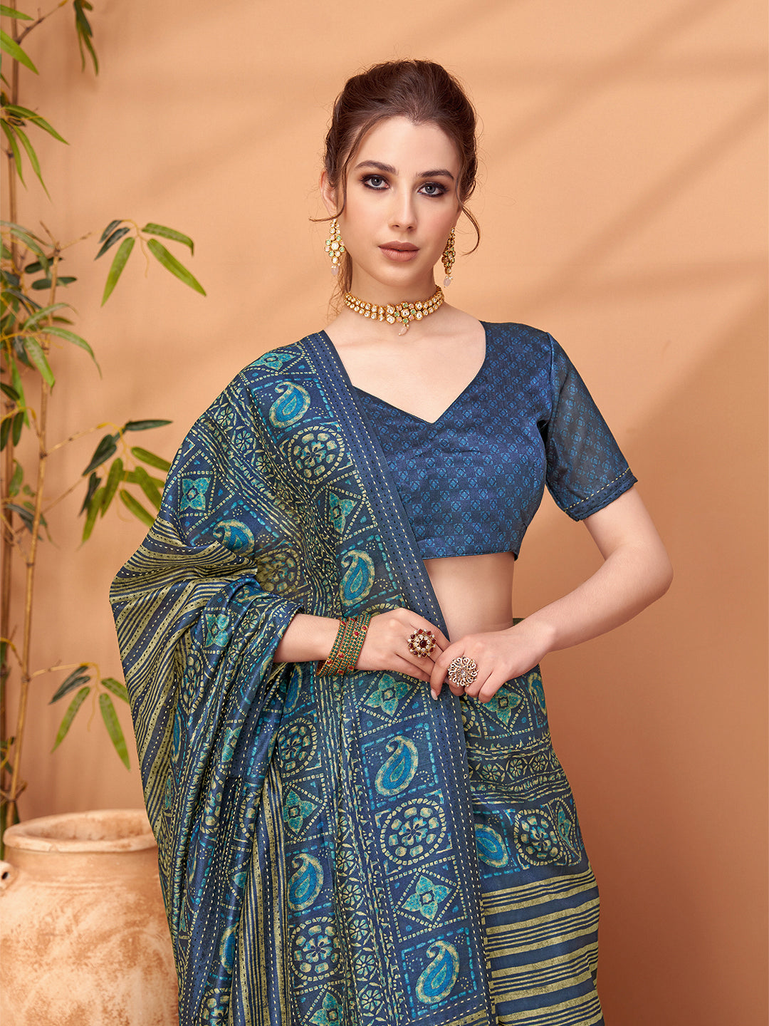 TARANG-Royal Navy Blue Ethnic Printed Saree with Paisley Designer Pallu