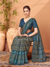 TARANG-Royal Navy Blue Ethnic Printed Saree with Paisley Designer Pallu