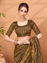 TARANG-Royal Olive Brown Ethnic Printed Saree with Antique Tribal Motif Design