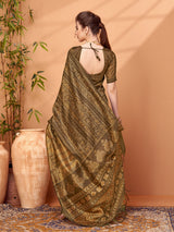 TARANG-Royal Olive Brown Ethnic Printed Saree with Antique Tribal Motif Design