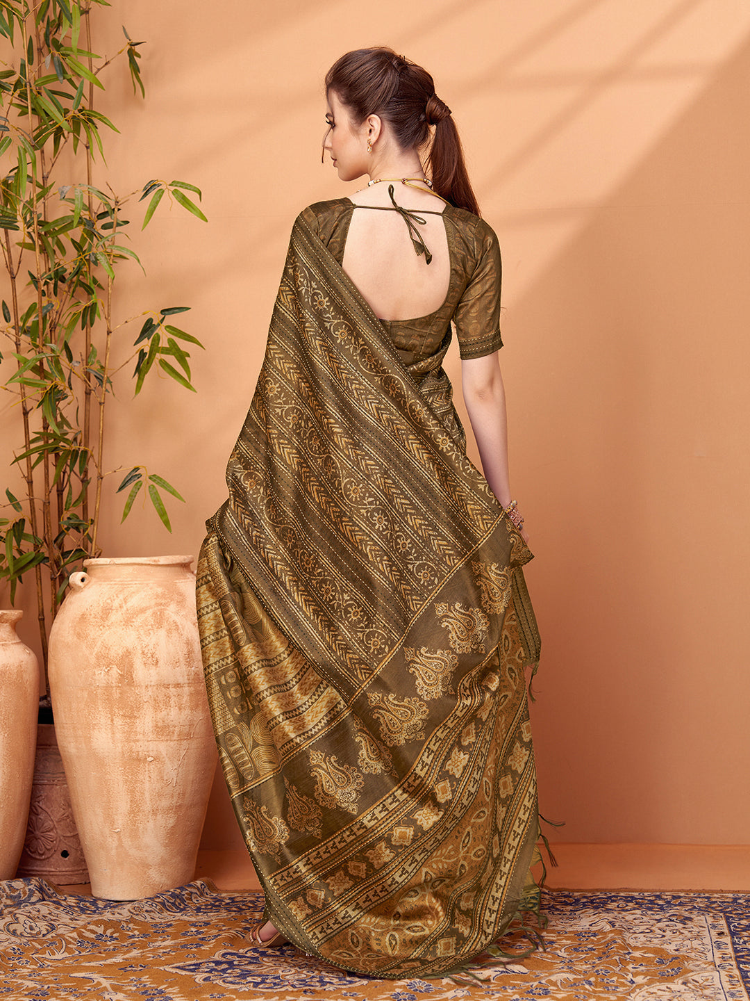 TARANG-Royal Olive Brown Ethnic Printed Saree with Antique Tribal Motif Design