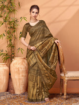 TARANG-Royal Olive Brown Ethnic Printed Saree with Antique Tribal Motif Design