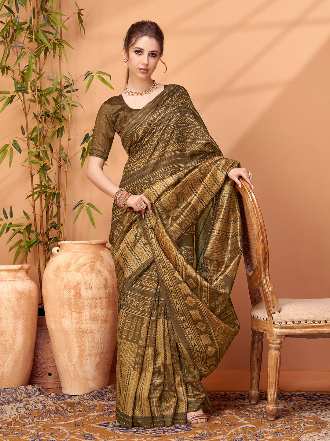 TARANG-Royal Olive Brown Ethnic Printed Saree with Antique Tribal Motif Design