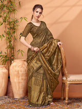 TARANG-Royal Olive Brown Ethnic Printed Saree with Antique Tribal Motif Design