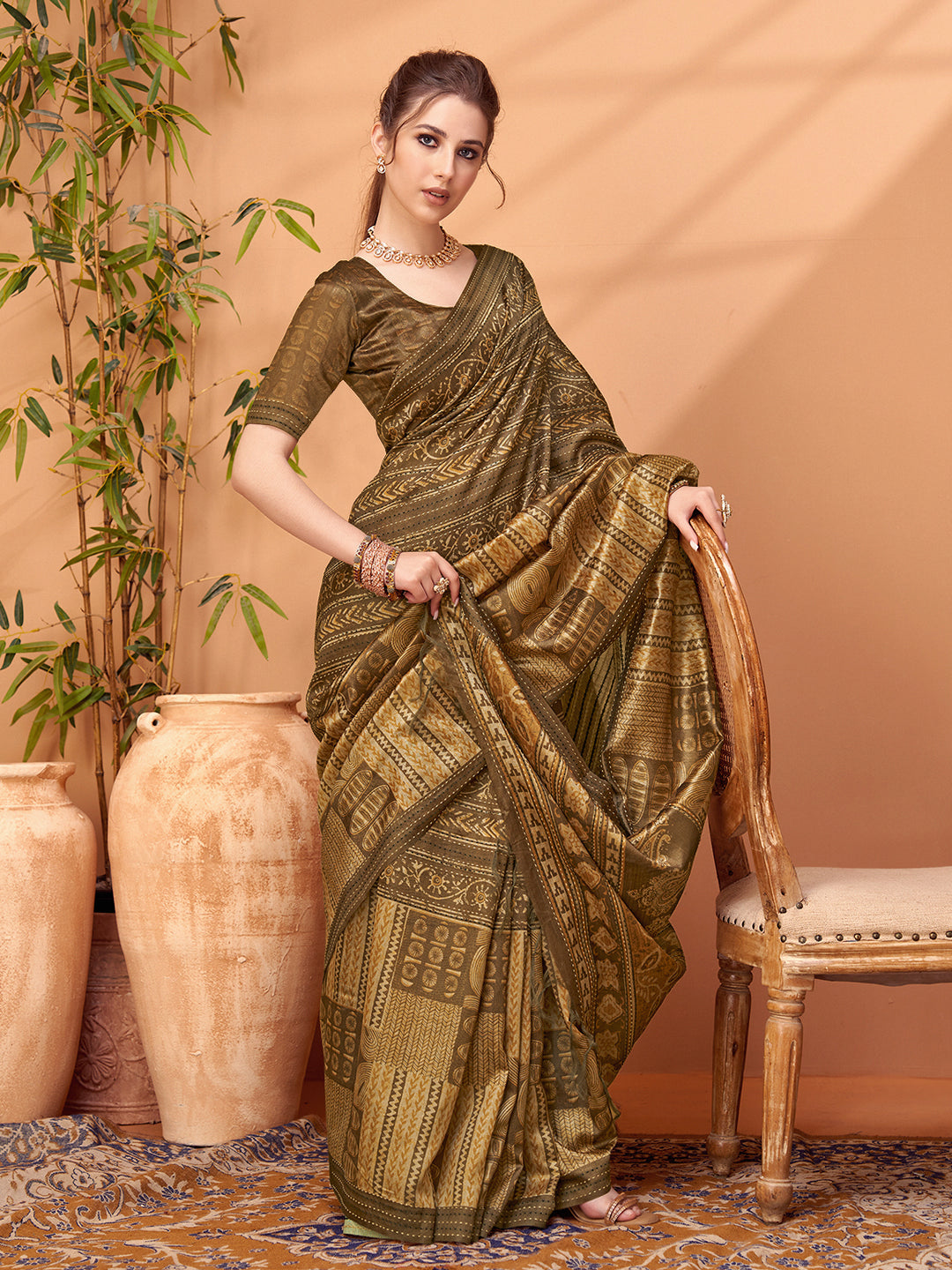 TARANG-Royal Olive Brown Ethnic Printed Saree with Antique Tribal Motif Design