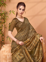 TARANG-Royal Olive Brown Ethnic Printed Saree with Antique Tribal Motif Design