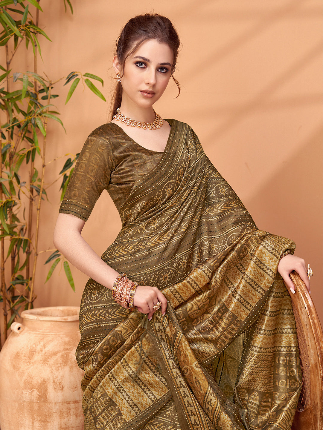 TARANG-Royal Olive Brown Ethnic Printed Saree with Antique Tribal Motif Design