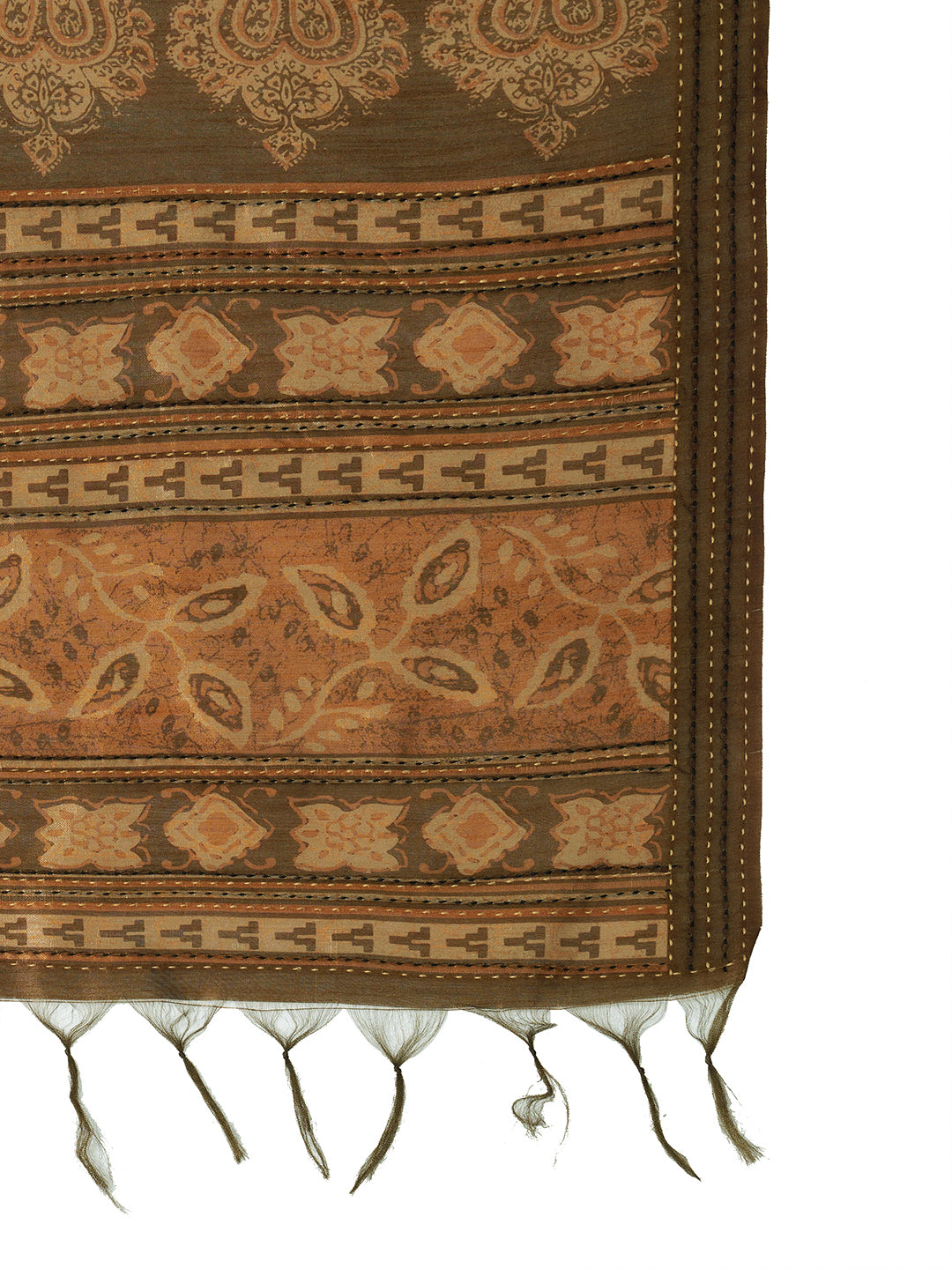 TARANG-Royal Olive Brown Ethnic Printed Saree with Antique Tribal Motif Design